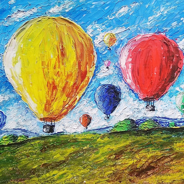 Peinture originale de montgolfières, acrylique sur carton entoilé, 30*40 cm