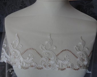 Non-elastic embroidered tulle lace, lace in beige with cream and twas lurex 18 cm wide, bra making, lingerie