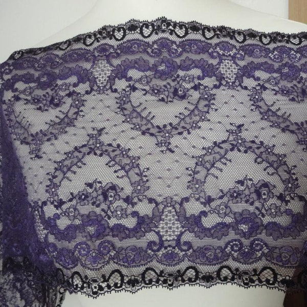 French elastic leavers lace in Calais,lace,lace,stretch,french lace,dentelle de calais purple,violet with black 25 cm