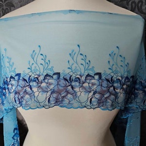 Elastic embroidered tulle lace in 2 tones blue 23 cm wide