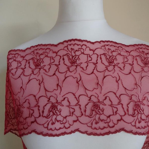 Tulle lace embroidered not elastic, lace borte, embroidered lace trim, non strech, red, red 19 cm wide