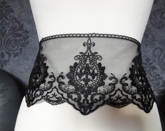 Non-elastic embroidered tulle lace, black lace 14.5 cm wide