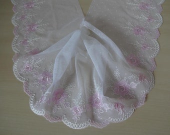 Non-elastic embroidered lace, lace border white with pink 17 cm wide