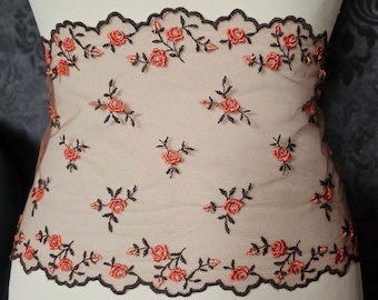 Nicht elastische Tüll Spitzenborte braun mit orange embroidered lace trim 22cm Breit