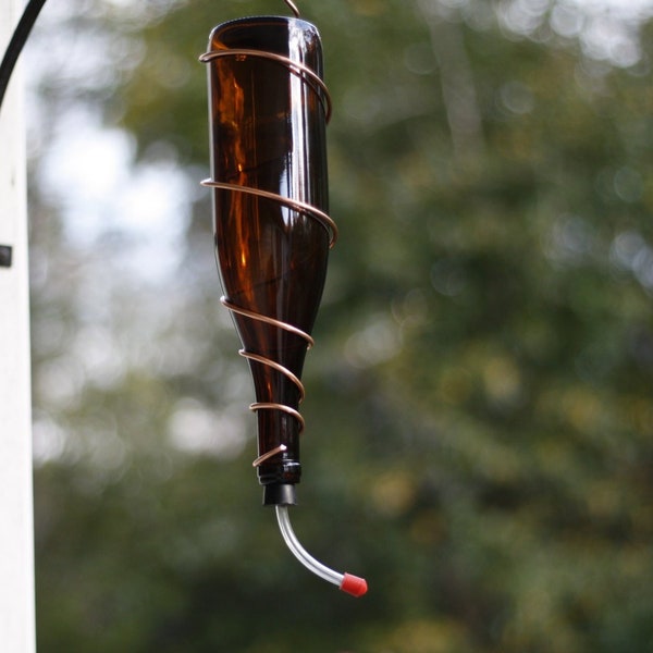 Hummingbird Feeder made from Amber Wine Bottle with Copper Trim - Bird Feeder Outdoor Garden Patio Decor Great Mom Gift