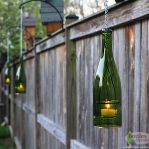 2 Green Wine Bottle Hanging Lantern | Handmade Tea Light Candle Holder