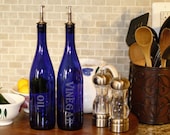 Olive Oil Vinegar Dispenser Made From 25 oz Cobalt Blue Wine Bottle With Stainless Steel Pour Spout and Laser Engraved
