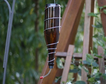 Hummingbird Feeder Made from Amber WIne Bottle with Silver Accent Bird Feeder for Outdoors Hang in Garden or Patio