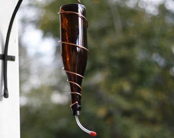 Hummingbird Feeder made from Amber Wine Bottle with Copper Trim - Bird Feeder Outdoor Garden Patio Decor Great Mom Gift