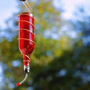 Hummingbird Feeder Made From Glass Wine Bottle - Multiple Color and Trim Options