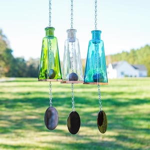 Set of Pyramid Bottle Wind Chimes - Gifts for Mom - Outdoor Decor - Wind Chimes Handmade - Glass Windchimes - Lime Green-Clear-Aqua