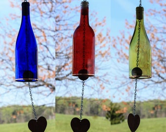 Three Glass Wine Bottle Wind Chimes - Gift for Mom - Garden Gift - Outdoor Decor - Wind Chimes Handmade - Backyard Decor - Chimes