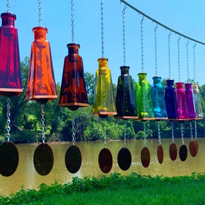 Glass Wind Chimes Made From Pyramid Shaped Bottles Hand Cut and Made Assorted Colors Outdoor Garden Patio Decor Unique image 1