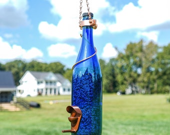 Handmade Cobalt Blue Wine Bottle Bird Feeder with Copper Trim