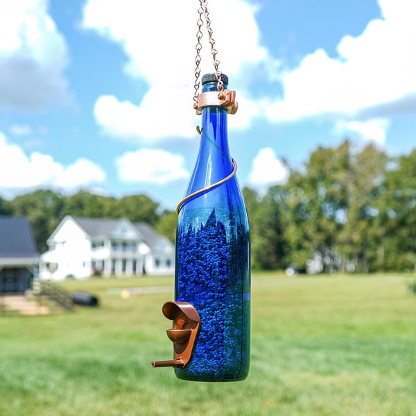 Handmade Cobalt Blue Wine Bottle Bird Feeder with Copper Trim