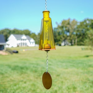 Yellow Glass Bottle Wind Chime: Copper Trim, Handmade Home Decor