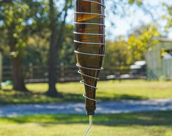 Handmade Amber Wine Bottle Hummingbird Feeder, Silver Accent