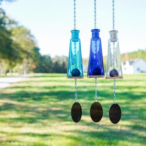 Set of Pyramid Bottle Wind Chimes - Gifts for Mom - Outdoor Decor - Wind Chimes Handmade - Glass Windchimes - Aqua-Cobalt Blue-Clear