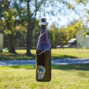 Bird Feeders For The Outdoors Made From Amber Wine Bottle with Silver Trim Gift for Mom Outdoor Patio Garden Handmade Decor