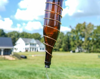 Handmade Amber Wine Bottle Hummingbird Feeder - Copper Trim