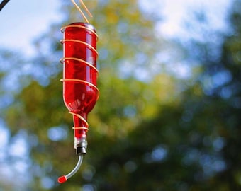 Hummingbird Feeder Made From Glass Wine Bottle - Multiple Color and Trim Options