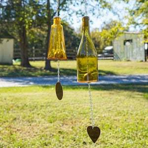 Yellow Wine/Pyramid Glass Bottle Wind Chimes: Handmade Outdoor Decor