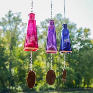 Set of Pyramid Bottle Wind Chimes - Outdoor Decor - Wind Chimes Handmade - Glass Wind Chimes - Mother&#39;s Day Gift - Pink-Purple-Cobalt Blue