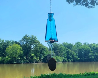Glass Wind Chime Made From Aqua Blue Glass Bottle With Copper Accent Comes with Hook for Easy Hanging Very Unique