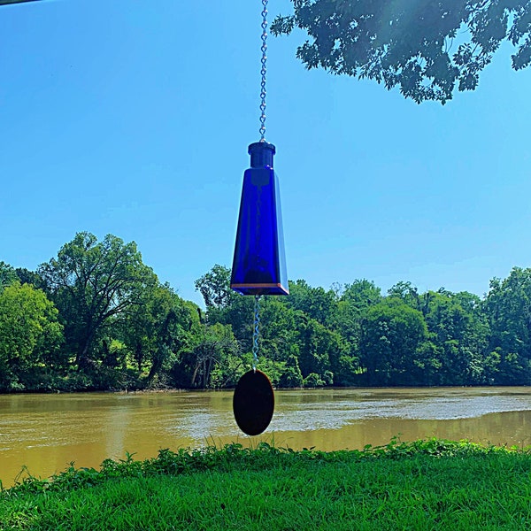 Wind Chime Made From Cobalt Blue Glass Bottle with Copper Trim and S-Hook For Easy Hanging Unique Gift Idea For Outdoor Garden Patio Decor