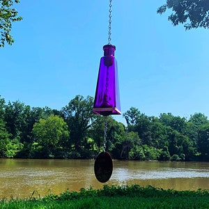 Glass Wind Chime Handmade From 178ml Purple Pryamid Shaped Bottle With S-Hook for Easy Hanging Outdoor Garden Decor