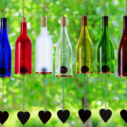 Wind Chimes Made From Glass Wine Bottles with Copper Trim Outdoor Garden Patio Decor Unique Wine Gift Home Decor