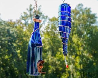 Hummingbird Feeder and Seed Bird Feeder Set Made From Cobalt Blue Wine Bottles with Copper Trim Outdoor Patio Garden Decor
