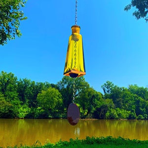 Yellow Wind Chime Made From Pyramid Shaped 178ml Glass Bottle with Copper Trim Handmade Wine Gift Outdoor Home Decor