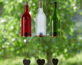 Three Glass Wine Bottle Wind Chimes - Gift for Mom - Garden Gift - Outdoor Decor - Wind Chimes Handmade - Backyard Decor - Chime