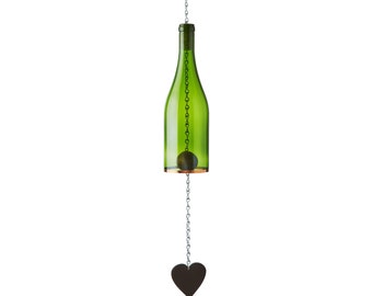 Glass Wind Chime Made From Green Wine Bottle with Copper Trim and Acrylic Heart Comes With S-Hook For Easy Hanging Farmhouse Decor Wine Gift