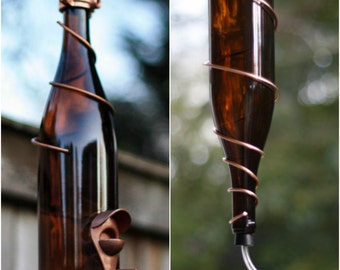 Bird Feeder Hummingbird Feeder Set Made Handmade from Amber Wine Bottle with Copper Trim Outdoor Patio Garden Decor
