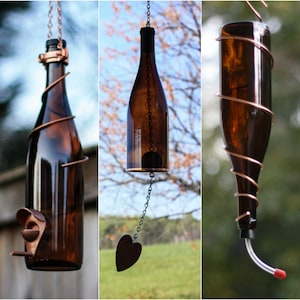 Bird Feeder Hummingbird Wind Chime Set Made from Amber Wine Bottles with Copper Trim Great Patio Garden or Home Decor