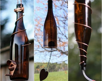 Bird Feeder Hummingbird Wind Chime Set Made from Amber Wine Bottles with Copper Trim Great Patio Garden or Home Decor