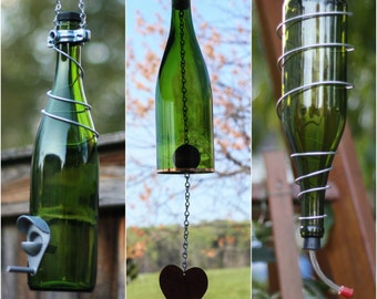 Hummingbird Feeder Wind Chime Bird Feeder Gift Set Made From Green Wine Bottles With Silver Trim Outside Garden Patio Decor Unique Wine Gift