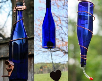 Hummingbird Feeder, Bird Feeder, and Wind Chime made from Cobalt Blue Wine Bottles with Copper Trim. Outdoor Garden Patio Wine Decor