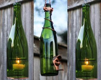 Wine Bottle Lantern and Bird Feeder Set, Green Outdoor Decor