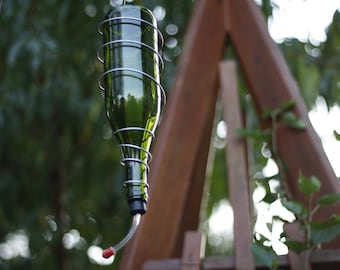 Hummingbird Feeder made From Green Glass Wine Bottle With Silver Trim Unique Farmhouse Wine Decor Unique Gift