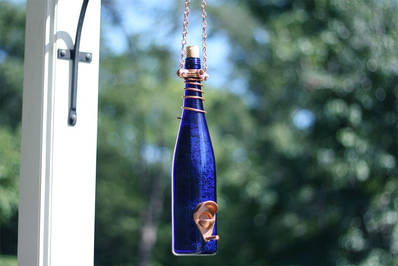 Bird Feeder Made With Cobalt Blue Wine Bottle and Copper Trim Hang Great for Outdoor Garden Patio Decor or For Wine Lover Unique image 5