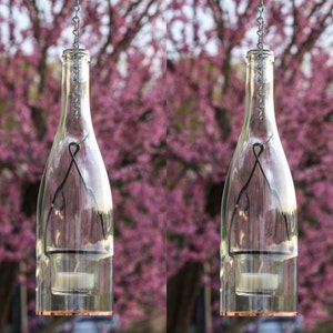 Two Clear Wine Bottle Hanging Lantern | Tea Light, Votive Candle Holder | Hurricane Lamp, Lighted Wine Bottles, Indoor Outdoor Lighting