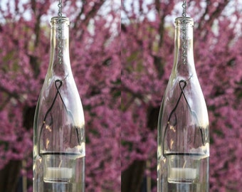 Two Clear Wine Bottle Hanging Lantern | Tea Light, Votive Candle Holder | Hurricane Lamp, Lighted Wine Bottles, Indoor Outdoor Lighting