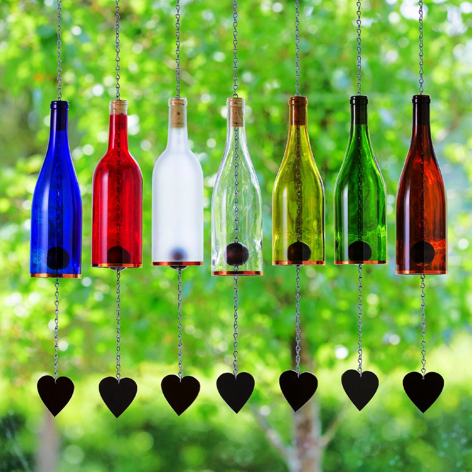 Wind Chimes Made From Glass Wine Bottles with Copper Trim Outdoor Garden Patio Decor Unique Wine Gift Home Decor