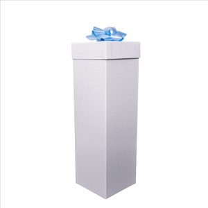 Puede incluir: Una caja de regalo blanca con una cinta azul claro en la parte superior. La caja es alta y rectangular.