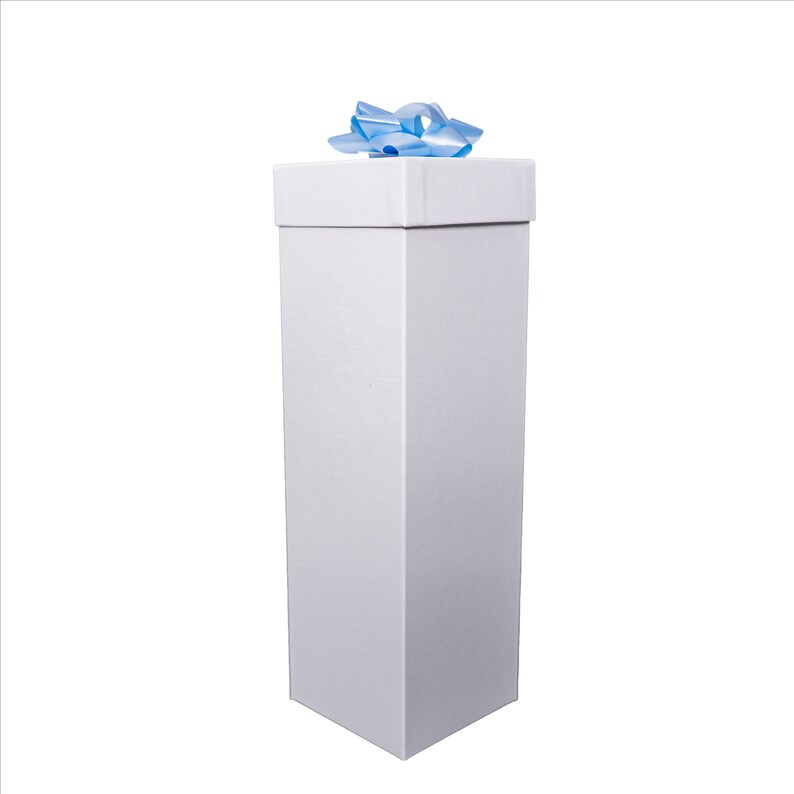 Puede incluir: Una caja de regalo blanca con una cinta azul claro en la parte superior. La caja es alta y rectangular.