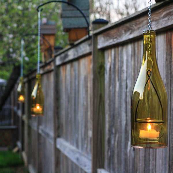 Single Yellow Wine Bottle Hanging Lantern | Tea Light, Votive Candle Holder | Hurricane Lamp, Lighted Wine Bottles, Indoor Outdoor Lighting