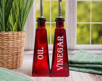 Red Oil and Vinegar Dispensers for Home Kitchen 6 ounce Glass Bottles with Stainless Steel Pour Spout Colorful Pyramid Shaped Cruets